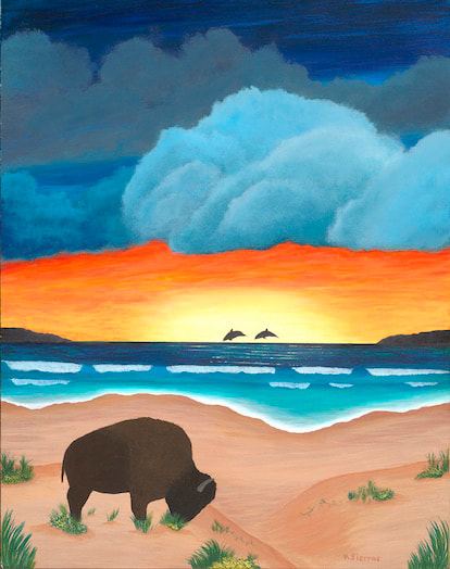 Buffalo Riviera 11 x 14 Original Acrylic Board (buffalo with dolphins at sunset)