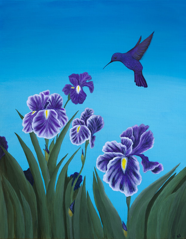 Harmony 11x14 Acrylic Original Canvas (Hummingbird with iris)