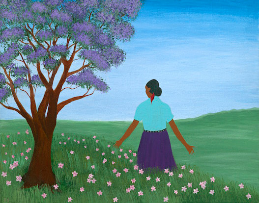 Native Spring 11x14 Original Acrylic Canvas (woman in field of flowers with tree)