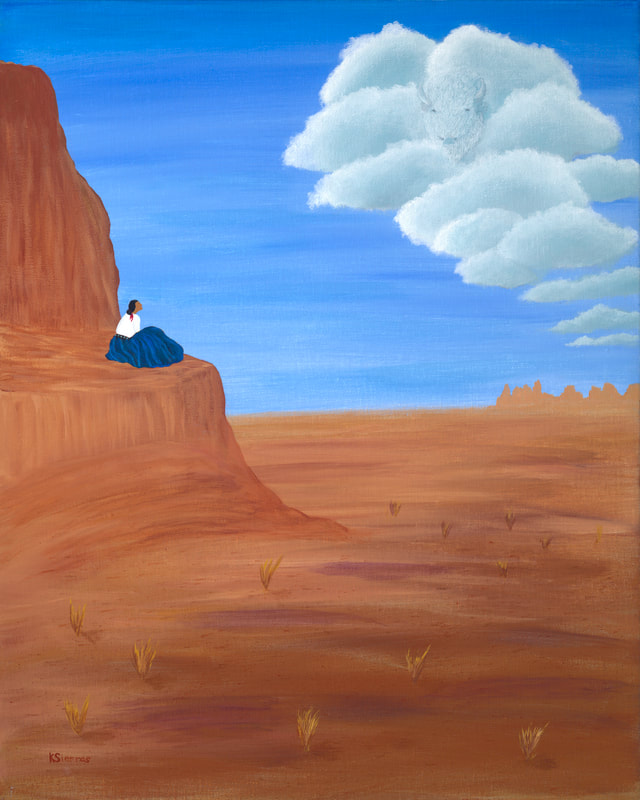 The Vision 16 x 20 Acrylic Original Canvas (Native woman on cliff ledge lookout buffalo in the clouds)