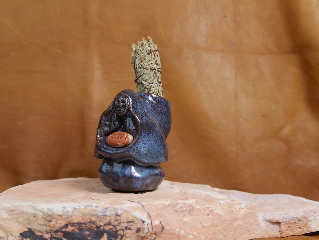 Native American Lady Ceramic Sculpture- small glazed with sage and pebble